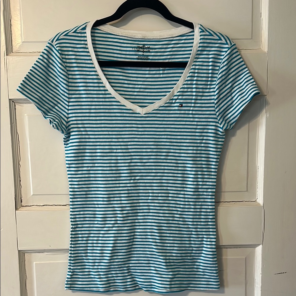Blue and White Fitted Short Sleeve Tee